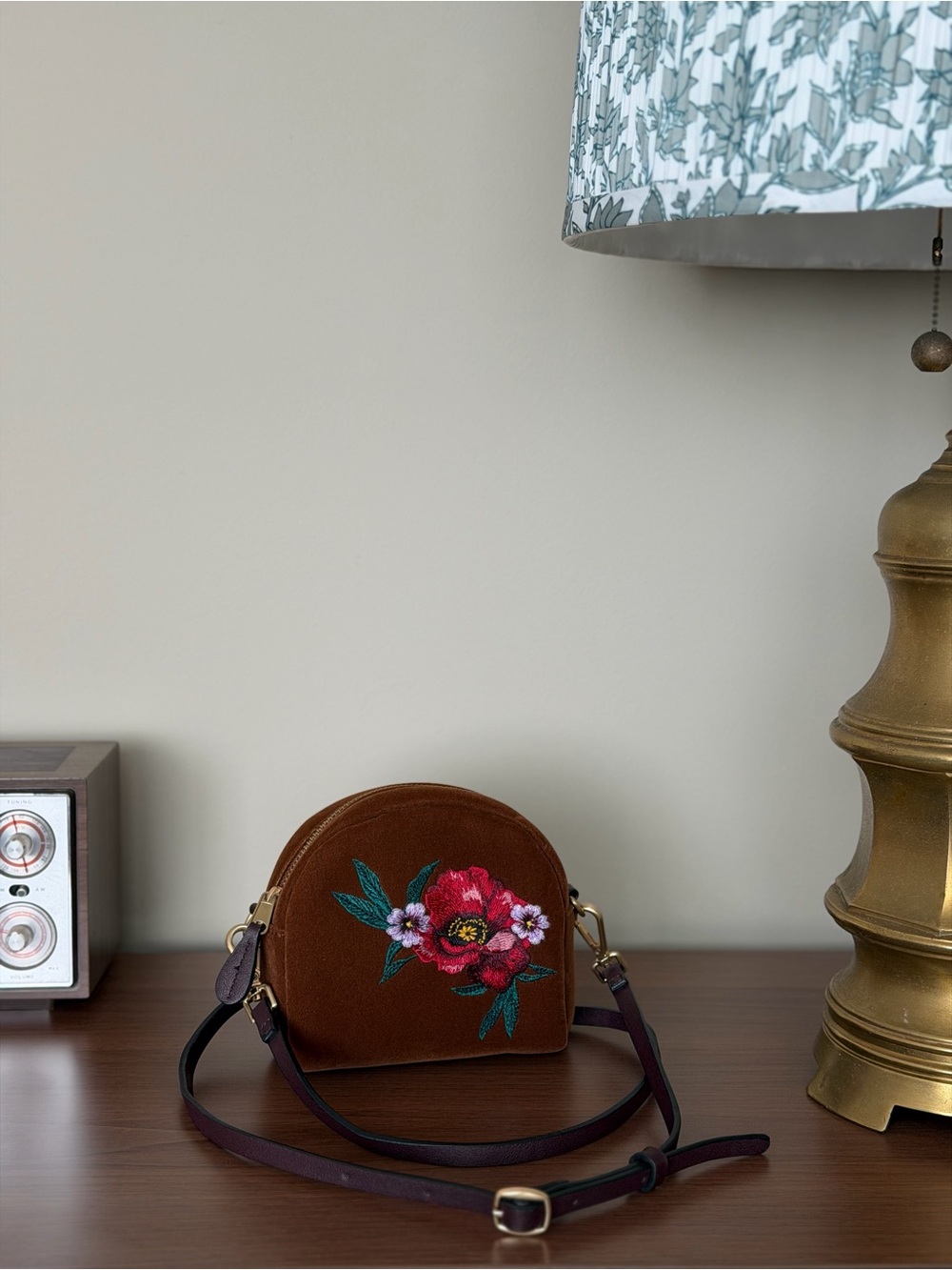 Embroidered Brown Floral Dome Crossbody Bag